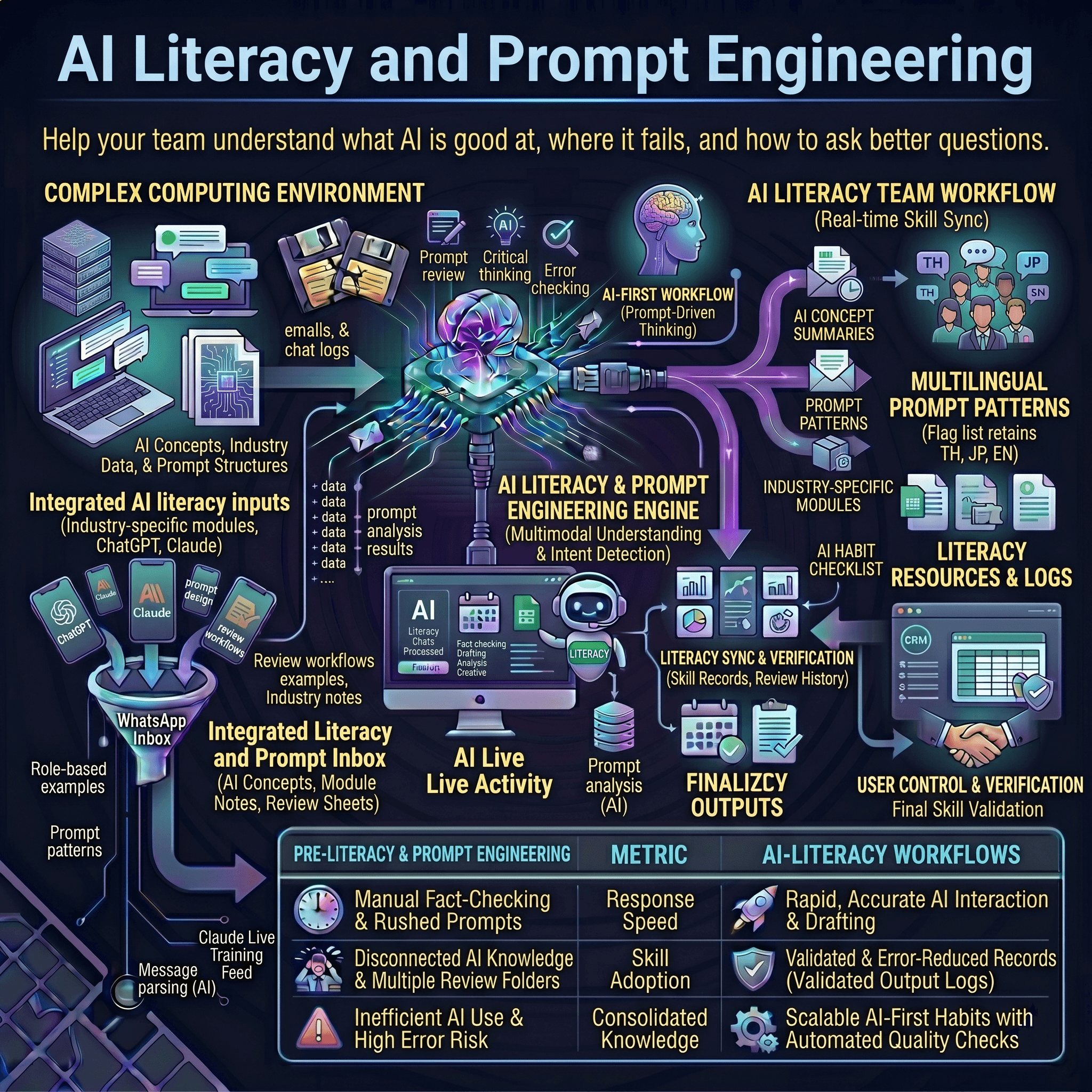 AI productivity foundations workflow infographic showing AI literacy, prompt design, review habits, role-based exercises, task templates, and practical policy guardrails.