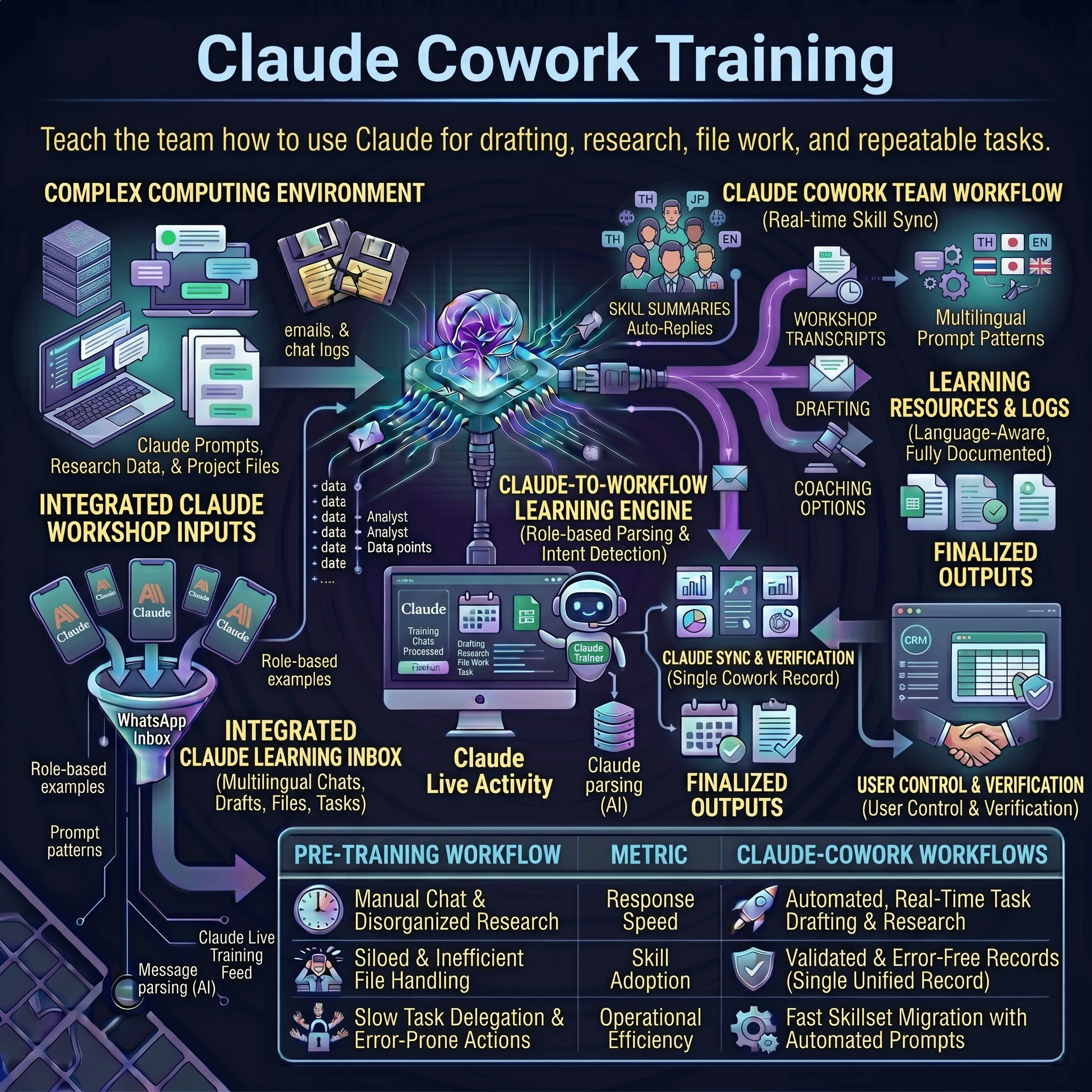 Claude cowork training workflow infographic showing role-based workshops, prompt patterns, file workflows, governance guardrails, task templates, and adoption coaching.