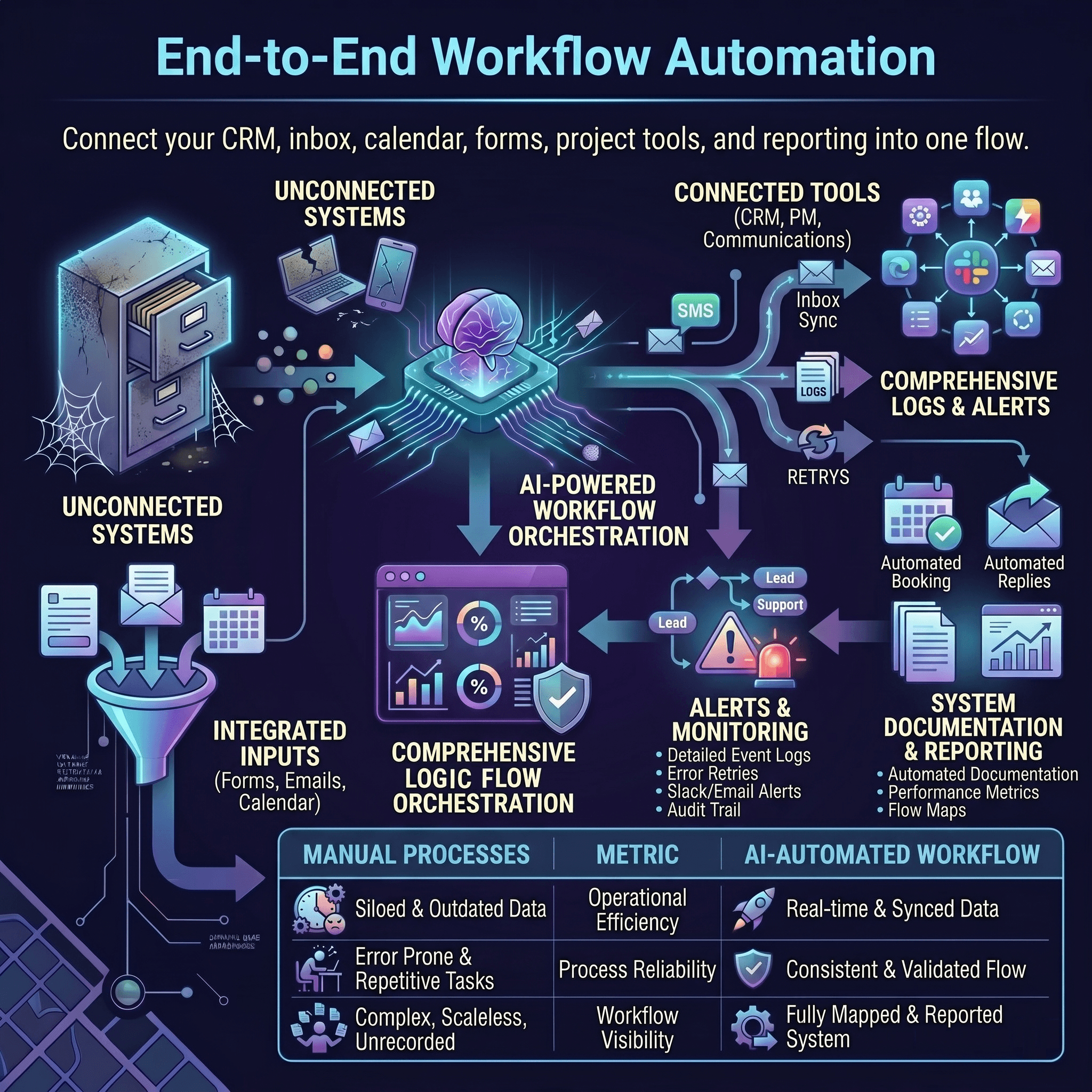 End-to-end workflow automation infographic showing connected business apps, branching logic, retries, alerts, logs, and handover documentation.