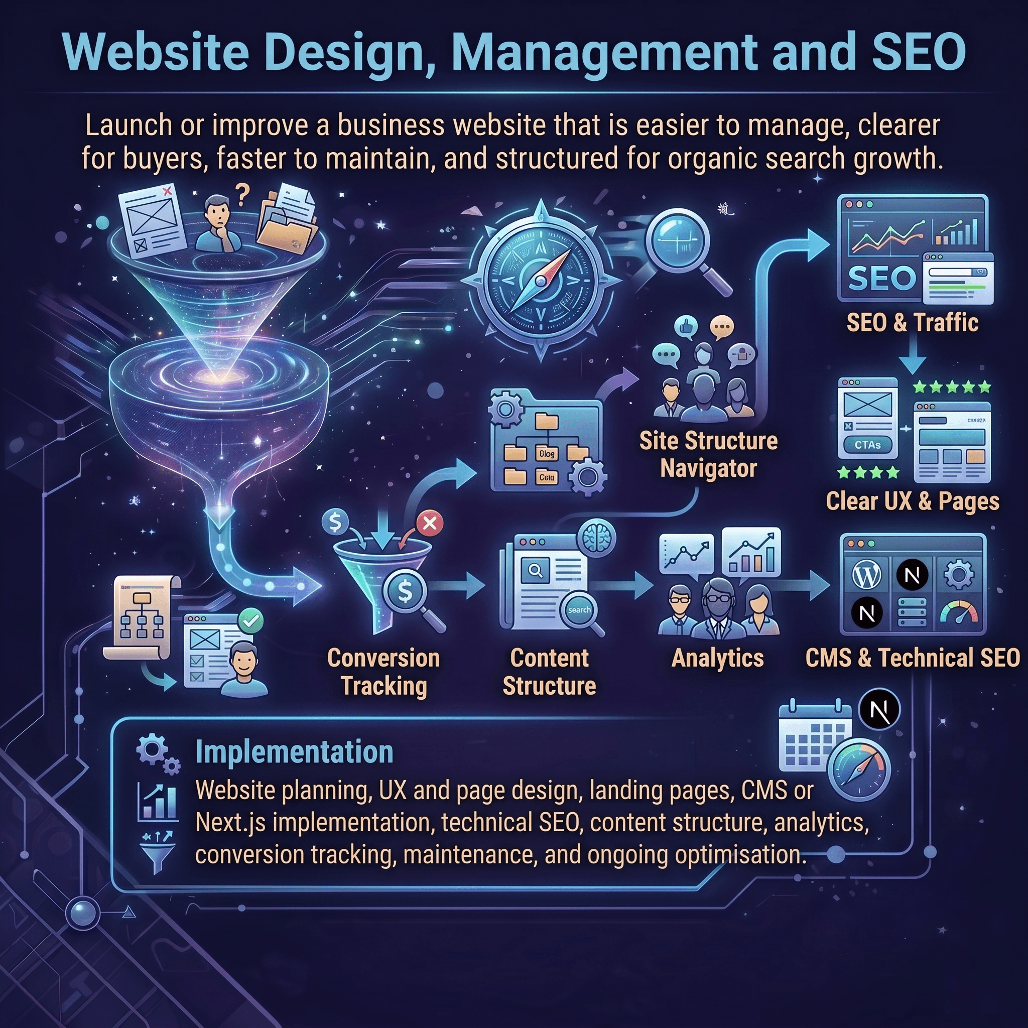 Website design, management, and SEO workflow showing sitemap planning, page design, technical SEO checks, analytics, content updates, and maintenance.